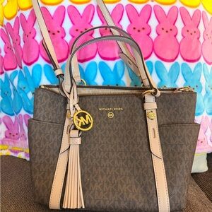 Michael Kors Brown MK Signature Satchel with Beige Trim and Gold Hardware